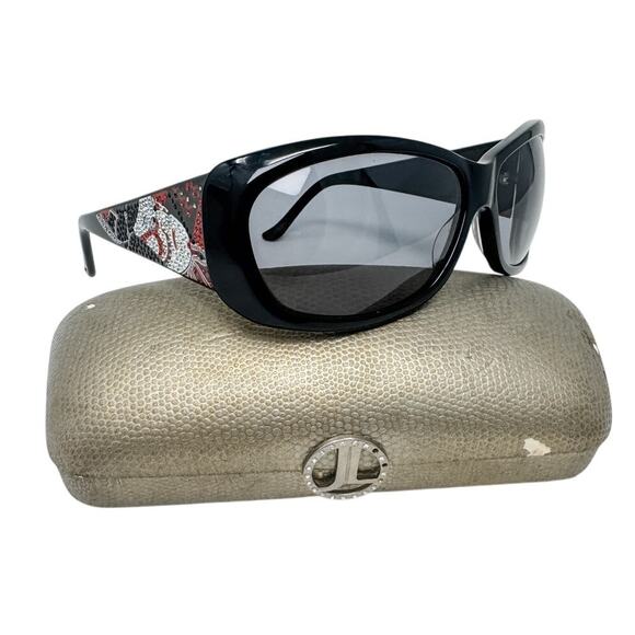 Judith Leiber vintage black red rhinestone Kabuki mask sunglasses w/ case - Picture 2 of 11